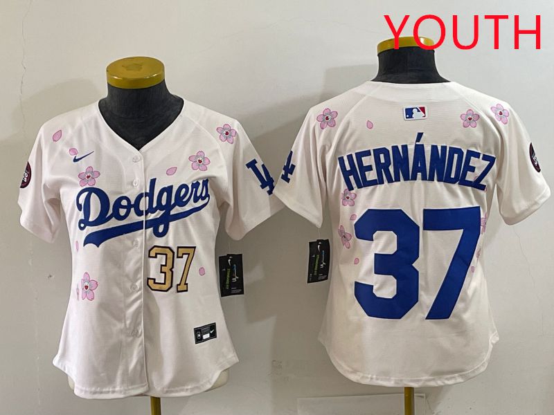 Youth Los Angeles Dodgers #37 Hernandez Cream Sakura Edition 2025 Nike MLB Jersey style 34